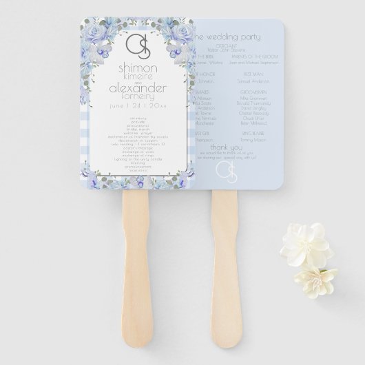Weddenprogramma | Monogram Blue Gingham Floral Handwaaier (Voorkant en achterkant)