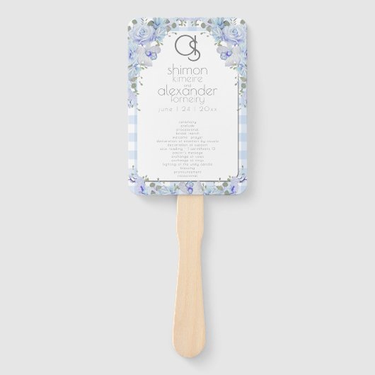 Weddenprogramma | Monogram Blue Gingham Floral Handwaaier (Voorkant)