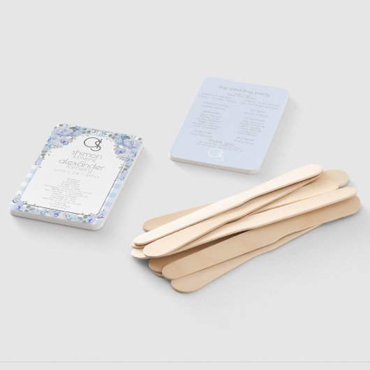 Weddenprogramma | Monogram Blue Gingham Floral Handwaaier (Niet-gemonteerd)