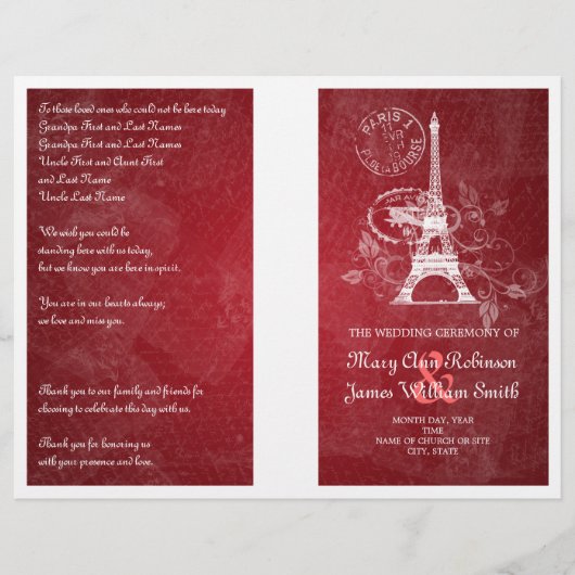 Weddenprogramma Romantic Paris Red (Voorkant)