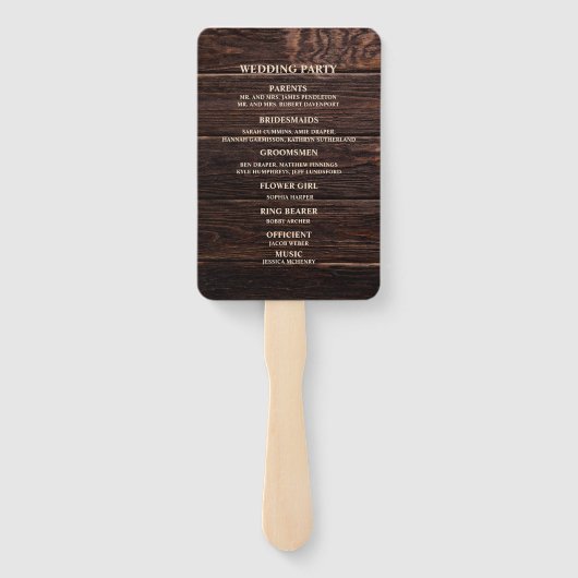 Weddenprogramma Rustic Dark Brown Wood Handwaaier (Achterkant)
