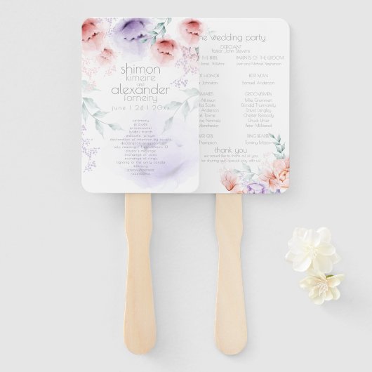 Weddenprogramma | Trendy Coral Aquarelle Peonies Handwaaier (Voorkant en achterkant)