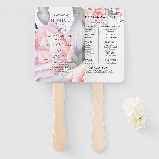 Weddenprogramma | Waterverf Roze rozen Handwaaier (Voorkant en achterkant)