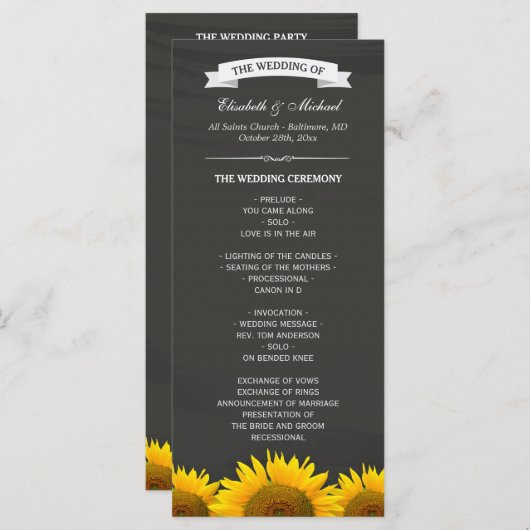 Weddenprogramma's Elegant Sunflower Chalkboard Programma (Voorkant / Achterkant)