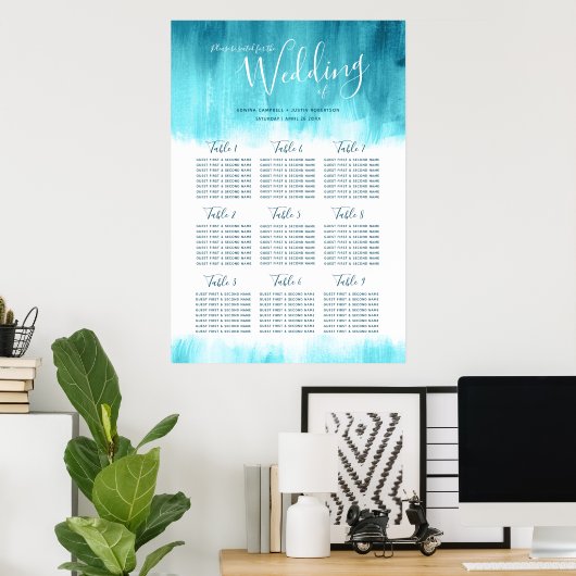 Weddenschap aqua blue green abstract table plan poster (Thuiskantoor)