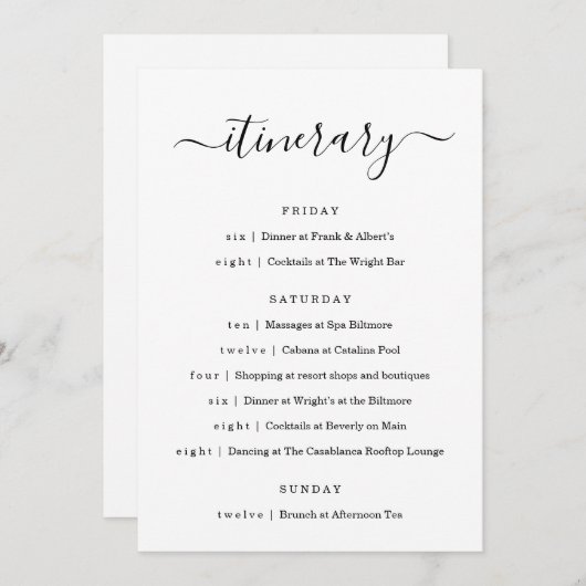 Weddenschap/Bachelorette Party/Birthday Itinerary Programma (Voorkant / Achterkant)