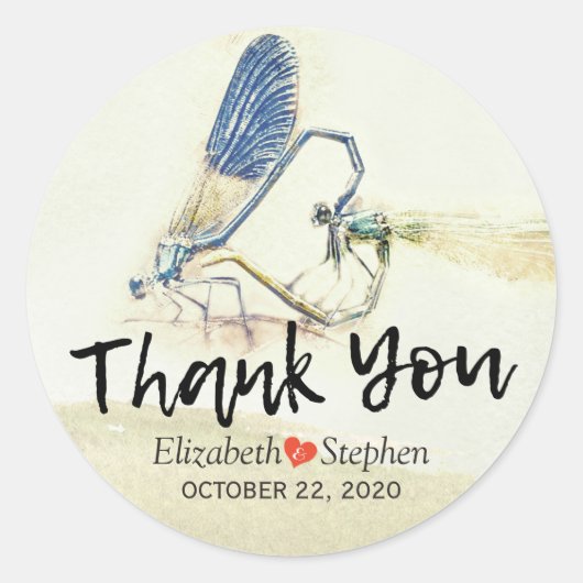 Weddenschap Bedankt Chic Dragonfly Mating Love Hea Ronde Sticker (Voorkant)