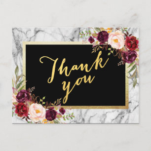 Weddenschap Bedankt Gold Burgundy Floral Marble Briefkaart