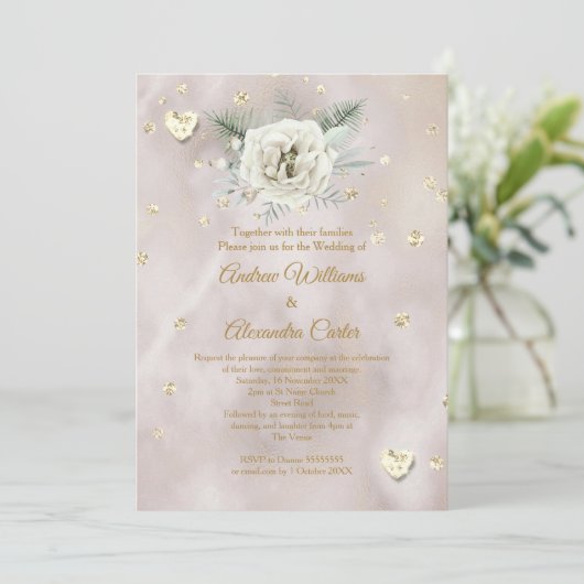 Weddenschap beige Gold White Rose Harten Glitter Kaart (Staand voorkant)