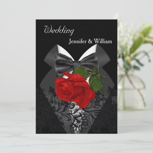 Weddenschap Black White Tuxedo Deep RED Rose 2 Kaart (Staand voorkant)