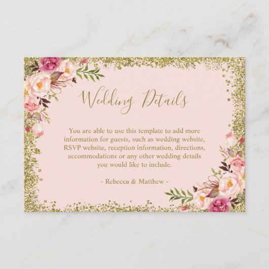 Weddenschap - Blush Pink Gold Glitters Floral Informatiekaartje (Voorkant)