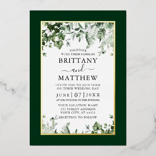 Weddenschap Botanische Greenery Ivy Sage Ferns Gol Folie Uitnodiging (Voorkant)