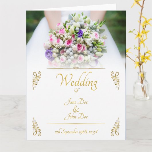 Weddenschap - bruid met kleurrijke trouwboquet kaart (Gele Bloem)