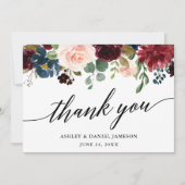 Weddenschap Calligrafie van Blue Burgundy Floral Bedankkaart (Voorkant)