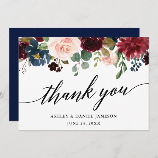 Weddenschap Calligrafie van Blue Burgundy Floral Bedankkaart (Voorkant / Achterkant)