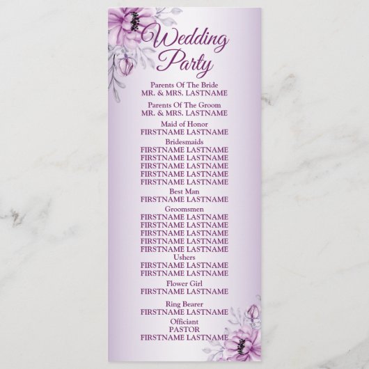 Weddenschap Ceremony Pink Floral Violet Paars Lijs Programma (Achterkant)