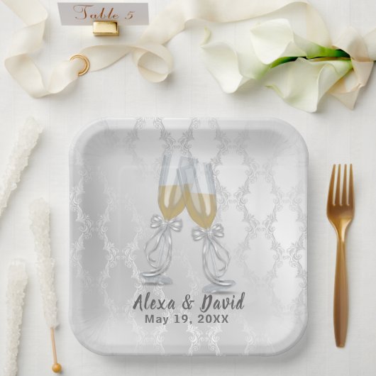 Weddenschap Champagne Toast op Damask Papieren Bordje (Huwelijk)