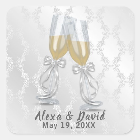 Weddenschap Champagne Toast op Damask Vierkante Sticker (Voorkant)
