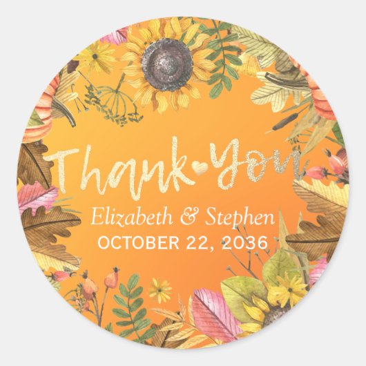 Weddenschap Dank je herfst Leaves Pumpkin Sunflowe Ronde Sticker (Voorkant)