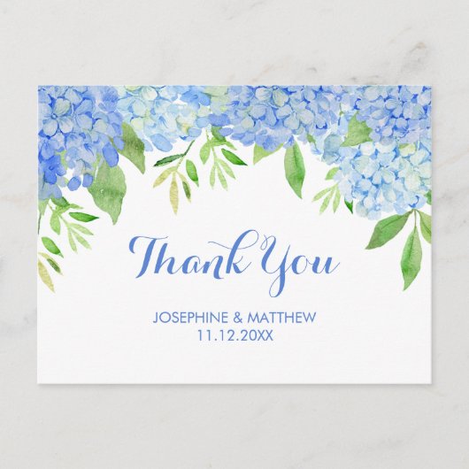 Weddenschap Dank je Hydrangea Blue Waterverf Flora Briefkaart (Voorkant)