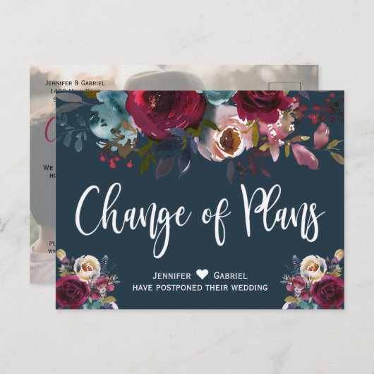 Weddenschap Datum uitstel Burgundy Navy Floral Aankondigingskaart (Voorkant / Achterkant)