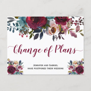 Weddenschap Datum uitstel Burgundy Navy Floral Aankondigingskaart