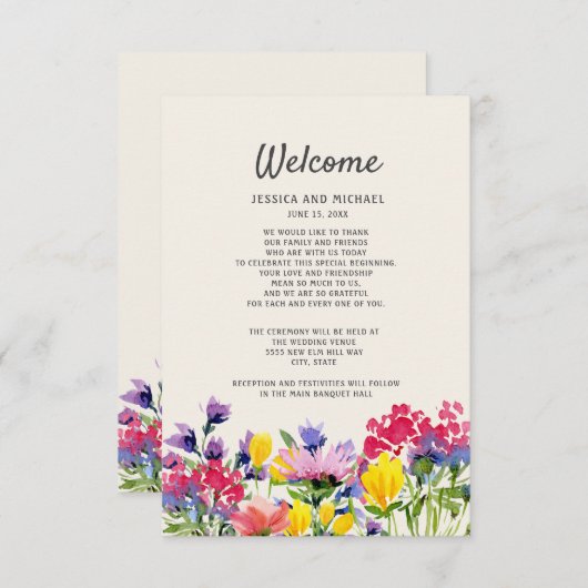 Weddenschap Details Boho Waterverf Wildbloemen Informatiekaartje (Voorkant / Achterkant)