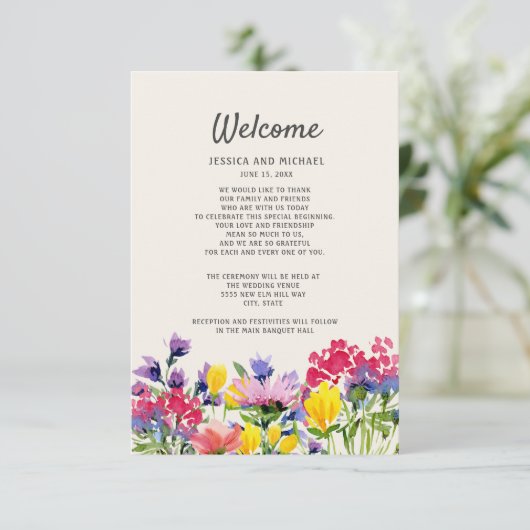 Weddenschap Details Boho Waterverf Wildbloemen Informatiekaartje