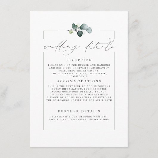 Weddenschap Details Eucalyptus Greenery Modern Kaa Informatiekaartje (Voorkant)