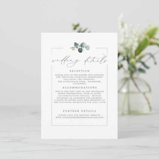 Weddenschap Details Eucalyptus Greenery Modern Kaa Informatiekaartje (Staand voorkant)