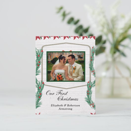 Weddenschap Eerste Kerstmis Onze foto Feestdagenkaart (Staand voorkant)