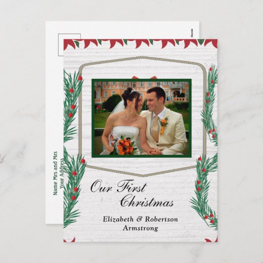 Weddenschap Eerste Kerstmis Onze foto Feestdagenkaart (Voorkant / Achterkant)