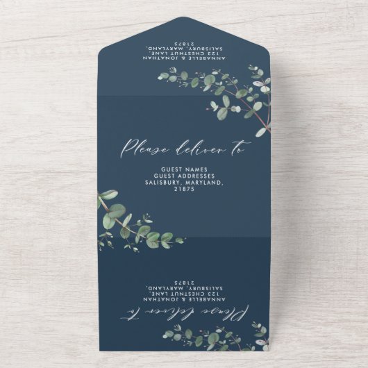 Weddenschap Eucalyptus botanische blauwe uitnodigi All In One Uitnodiging (Buitenkant)