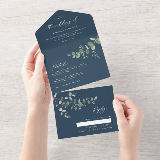 Weddenschap Eucalyptus botanische blauwe uitnodigi All In One Uitnodiging (Afscheurbaar)