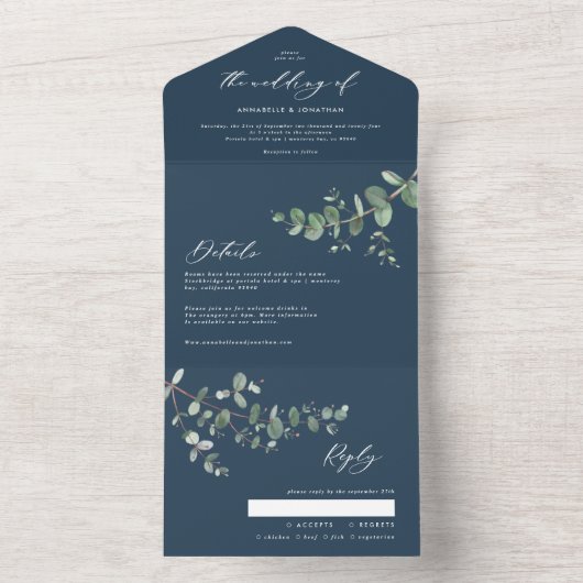 Weddenschap Eucalyptus botanische blauwe uitnodigi All In One Uitnodiging (Binnen)