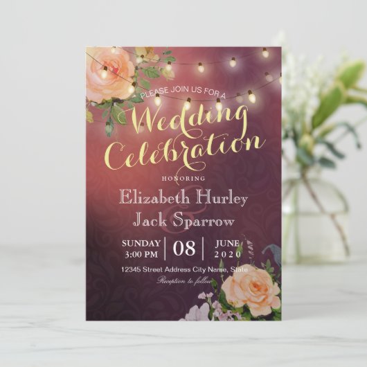 Weddenschap Floral en String Lights Burgundy Kaart (Staand voorkant)