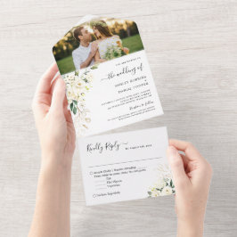 Weddenschap Foto Greenery Ivory White Gold Floral All In One Uitnodiging