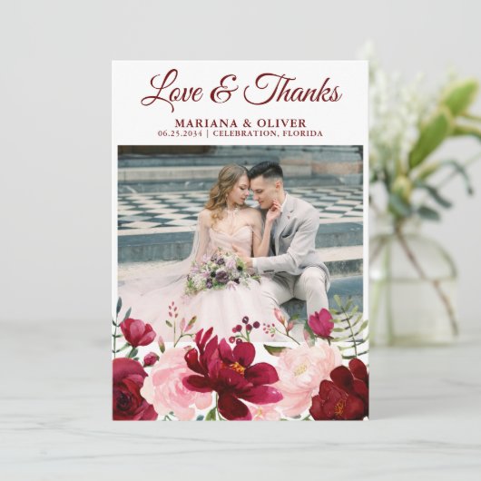 Weddenschap Foto's en Bedankt Kaart Burgundy Pink (Staand voorkant)