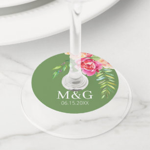 Weddenschap Gedekte Waterverf bloemen - Groen Roze Wijnglaslabel