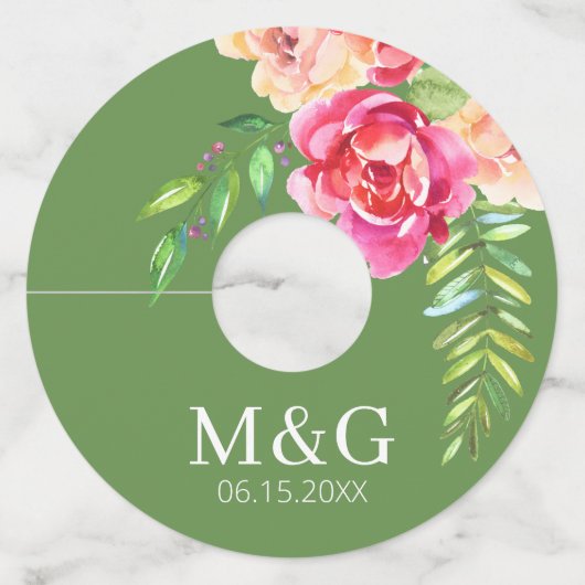 Weddenschap Gedekte Waterverf bloemen - Groen Roze Wijnglaslabel (Achterkant)