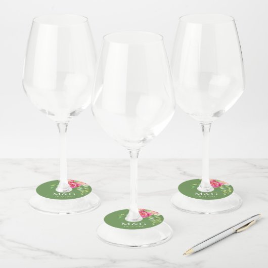 Weddenschap Gedekte Waterverf bloemen - Groen Roze Wijnglaslabel (Set)