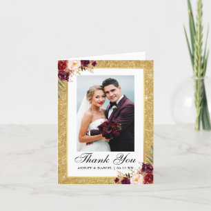 Weddenschap Gold Glitter Burgundy Floral Foto Bedankkaart