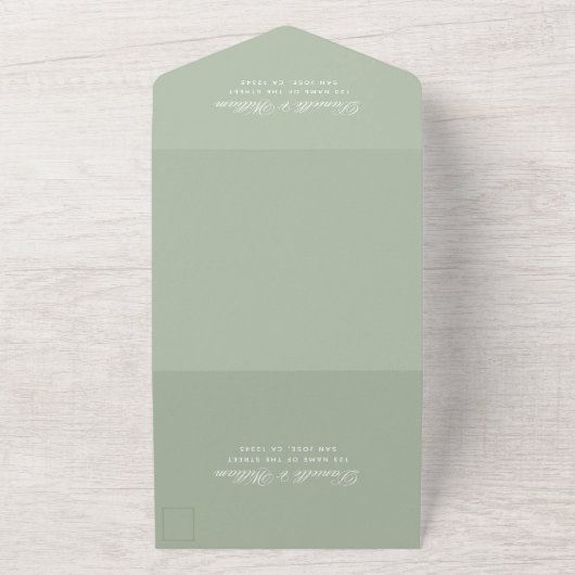 Weddenschap Green Elegant Script Calligraphy RSVP All In One Uitnodiging (Buitenkant)