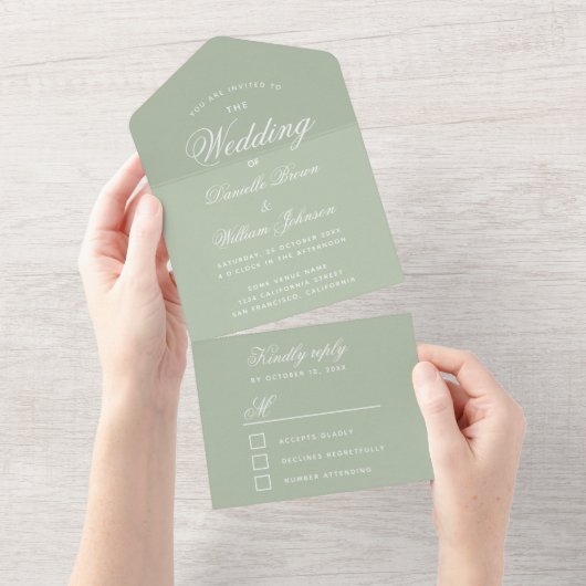 Weddenschap Green Elegant Script Calligraphy RSVP All In One Uitnodiging (Afscheurbaar)