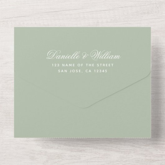Weddenschap Green Elegant Script Calligraphy RSVP All In One Uitnodiging (Achterkant)