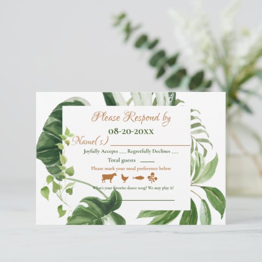 Weddenschap Groene Monstera laat Lijst Waterverf RSVP Kaartje (Staand voorkant)