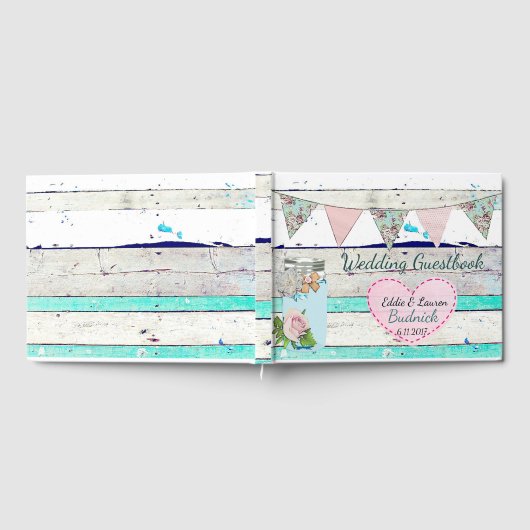 Weddenschap Guestbook Blauwgroen Rustic Wood Shabb Gastenboek (Volledig)