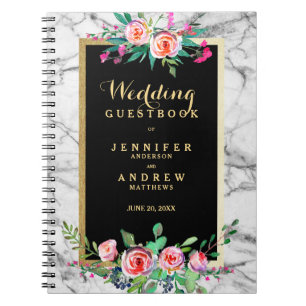 Weddenschap Guestbook Chic Gold Marble Pink Floral Notitieboek