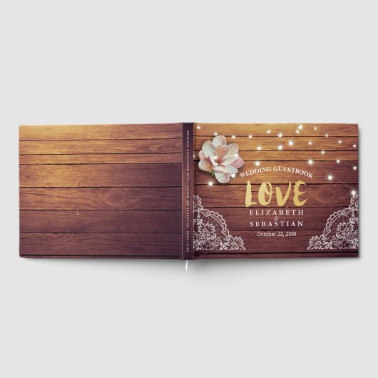 Weddenschap Guestbook Floral String Lights Wood La Gastenboek (Volledig)