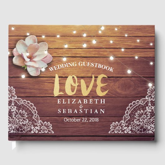 Weddenschap Guestbook Floral String Lights Wood La Gastenboek (Voorkant)